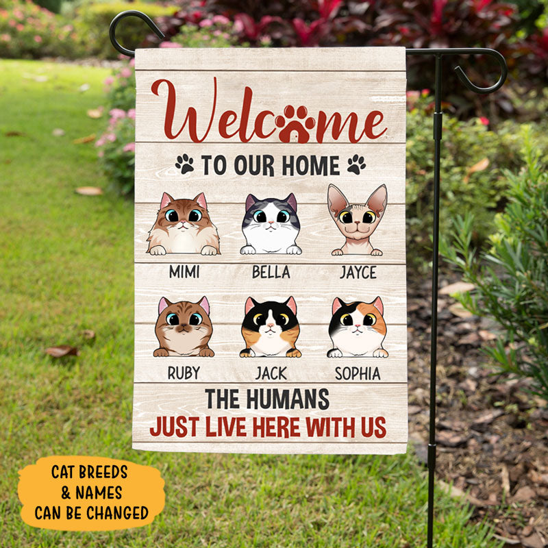 The Humans Just Live Here With Us, Custom Flags, Personalized Cat Decorative Garden Flags, Gift For Cat Lovers