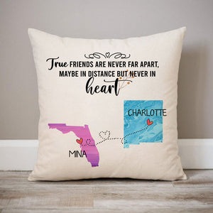 True Friends Long Distance, Personalized State Colors Pillow, Custom Best Friend Gift