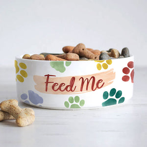 Feed Me Paw Pattern Pet Bowls, White Ceramic Pet Bowls, Gift for Pet Lovers
