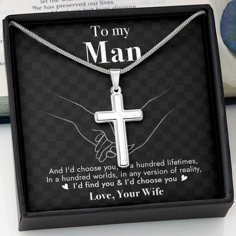 I'd Choose You In A Hundred Lifetimes, Personalized Cross Necklace, Gift For Him