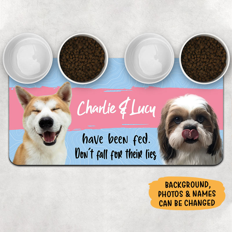 Pets Have Been Fed Don't Fall Their Lies, Personalized Pet Food Mat, Gifts For Pet Lovers, Custom Photo