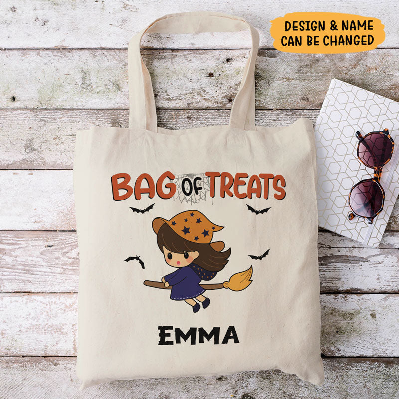 Bag of Treats, Custom Halloween Kids, Personalized Canvas Tote Bag, Halloween Bags for Kids