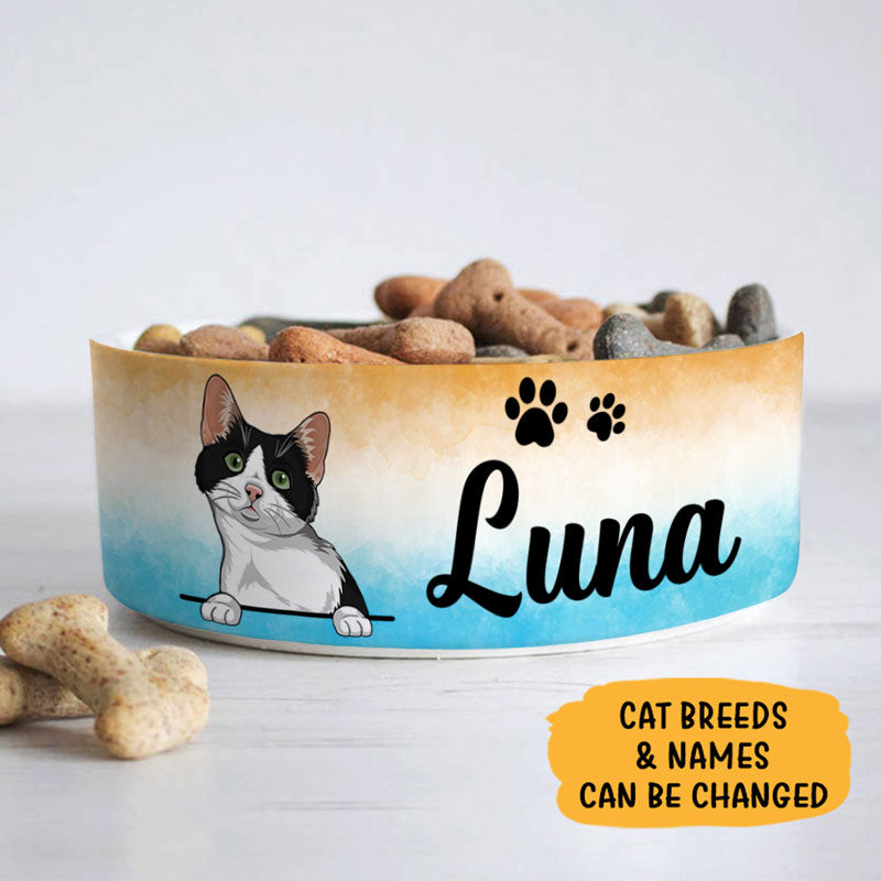 Personalized Custom Cat Bowls, Beach Background, Gift for Cat Lovers