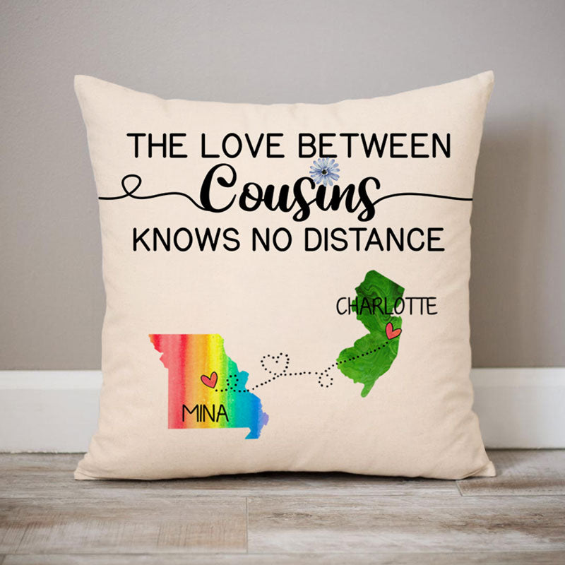 The love between Cousins Long Distance, Personalized State Colors Pillow, Custom Moving Gift