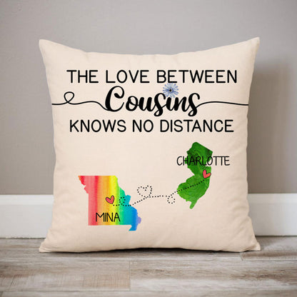 The love between Cousins Long Distance, Personalized State Colors Pillow, Custom Moving Gift