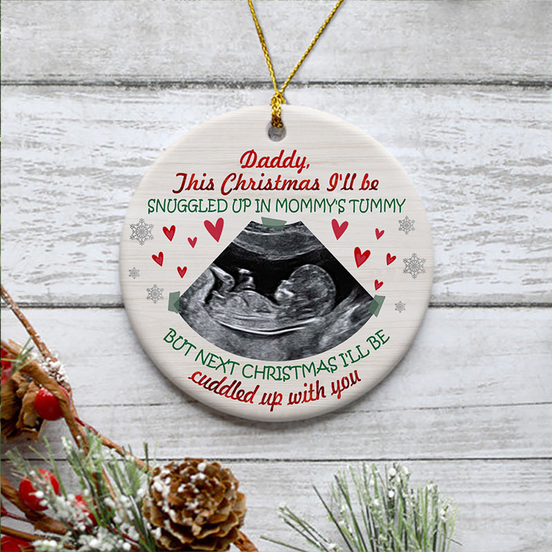 Snuggled Up In Mommy's Tummy, Personalized Christmas Ornaments, Custom Photo Gift for Expecting Dads