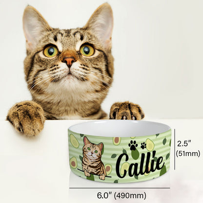 Personalized Cat Bowls, Custom Cute Cat Food and Water Bowl with Name, Ceramic Avocado Background, PersonalFury
