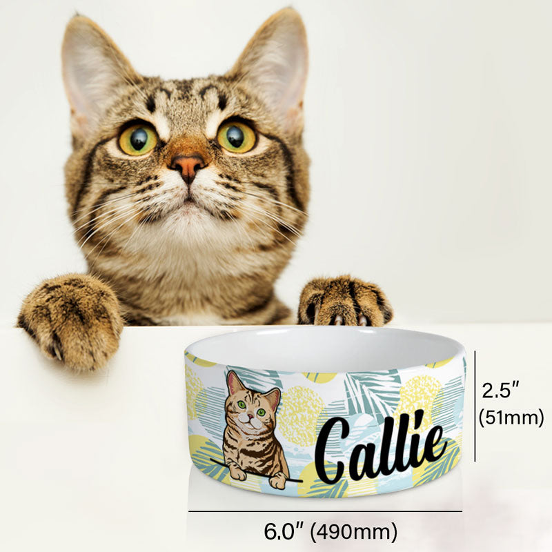 Personalized Cat Bowls, Custom Cute Cat Food and Water Bowl with Name, Ceramic Summer Background, PersonalFury