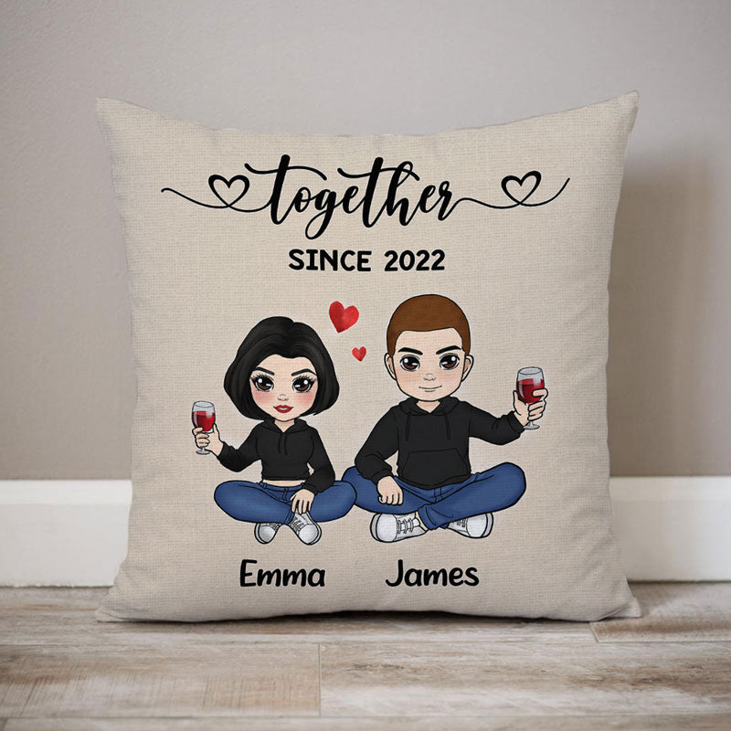 Chibi Drinking Couple Pillow, Personalized Gifts For Him, Anniversary Gifts For Her