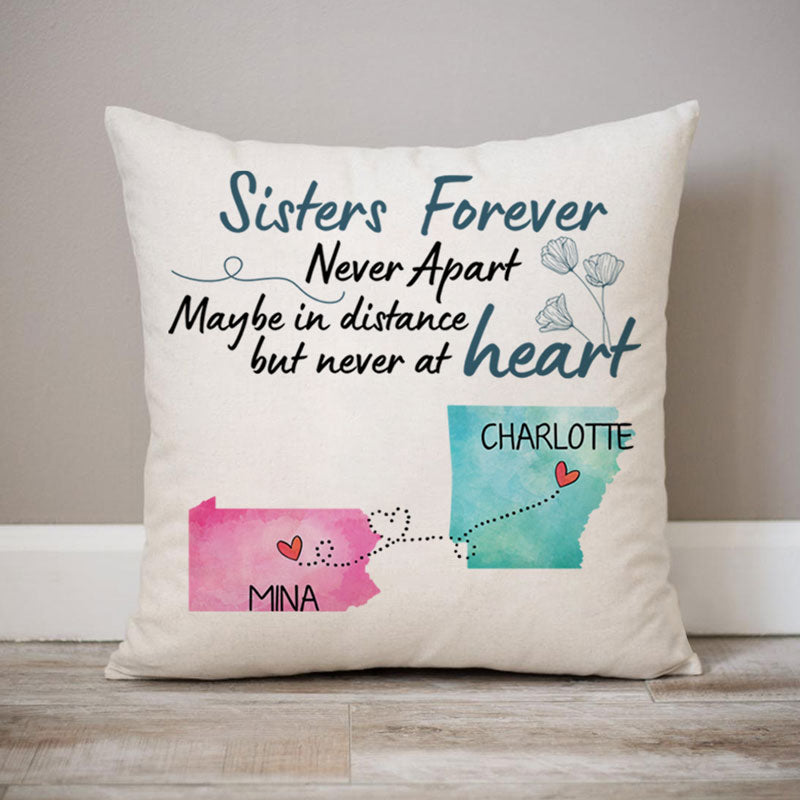 Long Distance Sisters Forever, Personalized State Colors Pillow, Custom Moving Gift For Sister