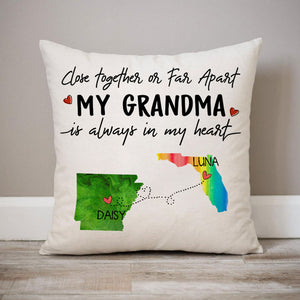 My Grandma is always in my heart, Personalized State Colors Pillow, Custom Long Distance Gift for Grandmother