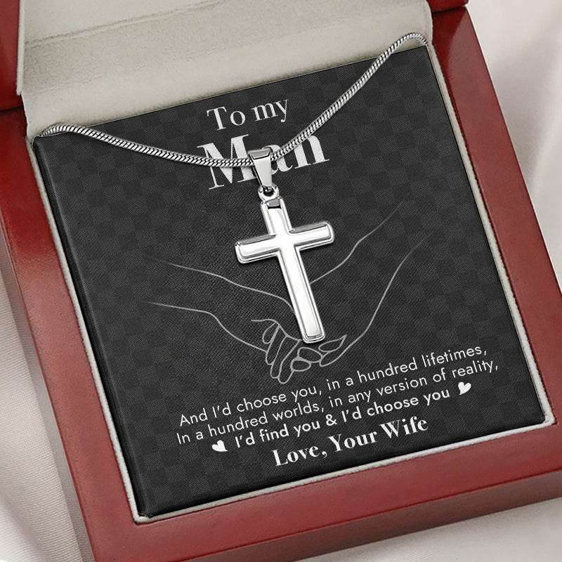 I'd Choose You In A Hundred Lifetimes, Personalized Cross Necklace, Gift For Him