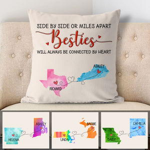 Besties will always be connected by heart Long Distance, Personalized State Colors Pillow, Custom Moving Gift