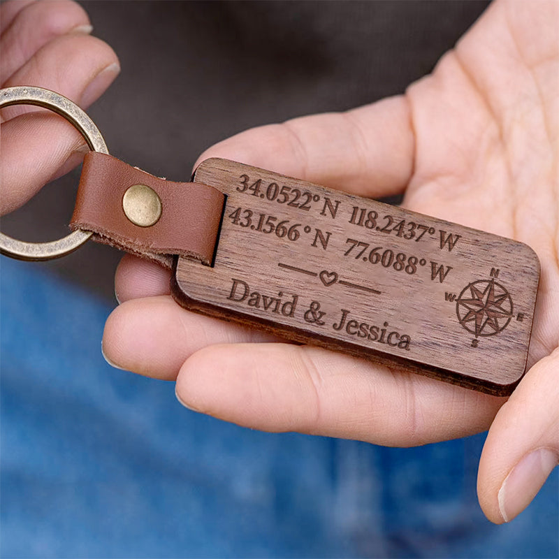 Coordinates Where It All Began, Personalized Engraved Wood Keychain, Gifts For Him