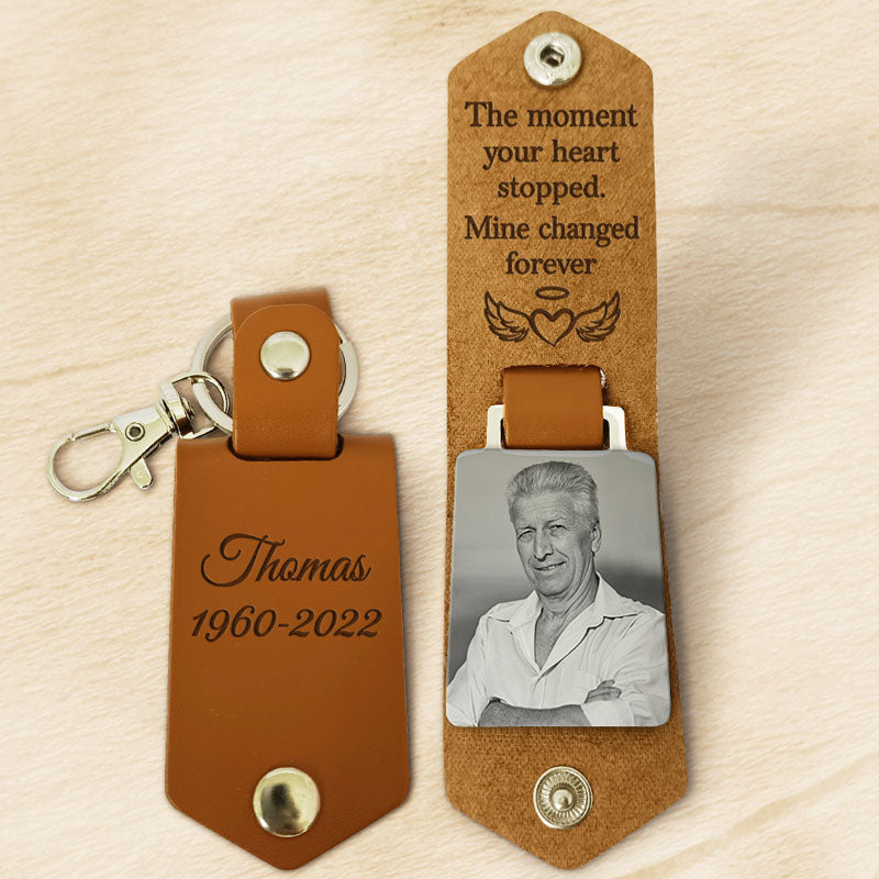 The Moment Your Heart Stopped, Personalized Leather Keychain, Memorial Gift, Custom Photo