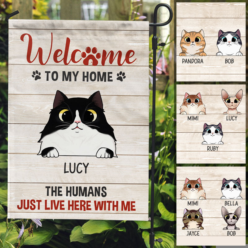 The Humans Just Live Here With Us, Custom Flags, Personalized Cat Decorative Garden Flags, Gift For Cat Lovers