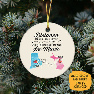 Distance means so little, Personalized State Colors Circle Ornaments, Custom Long Distance Gift