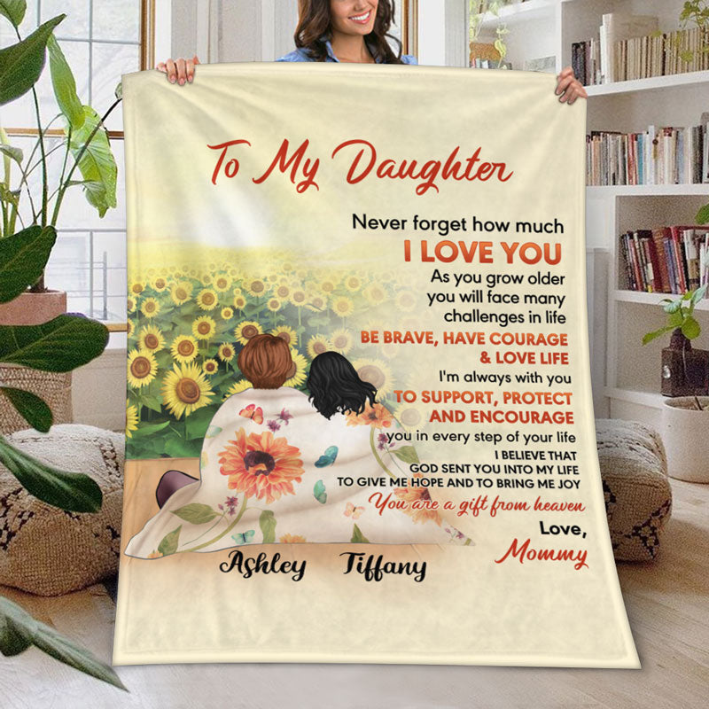 Personalized Gift To Daughter, Granddaughter Sunflower, Never Forget How Much I Love You, Custom Blanket