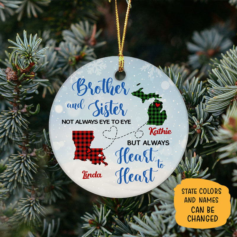 Brother and Sister Not always eye to eye, Personalized State Ornaments, Custom Holiday Gift