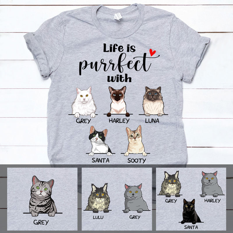PersonalFury2 Personalized Gift Idea, Funny Gifts for Cat Lovers - Life Is Purrfect with Cats, PersonalFury Custom T Shirt, Basic Tee / Light Pink / L