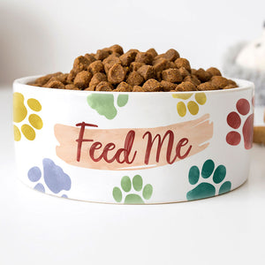 Feed Me Paw Pattern Pet Bowls, White Ceramic Pet Bowls, Gift for Pet Lovers