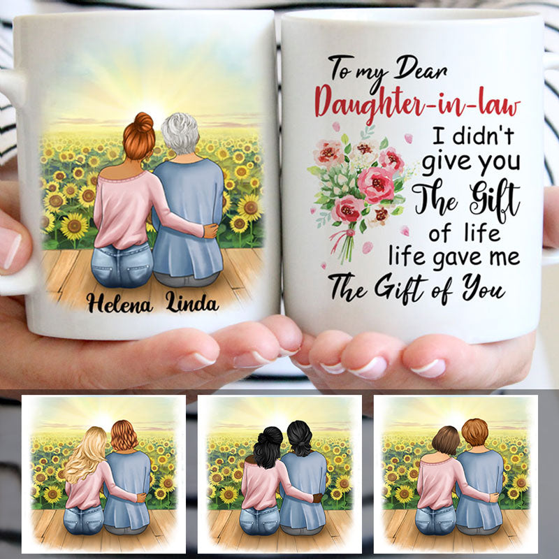 To my dear Daughter-in-law, Life gave me the gift of you, Sunflower Field Customized mug, Personalized gifts, Mother's Day gifts