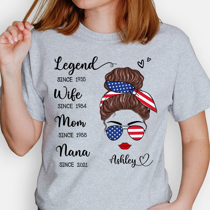 Legend Wife Since Years Messy Bun, July 4th Gift, Personalized Shirt for Patriotic Women
