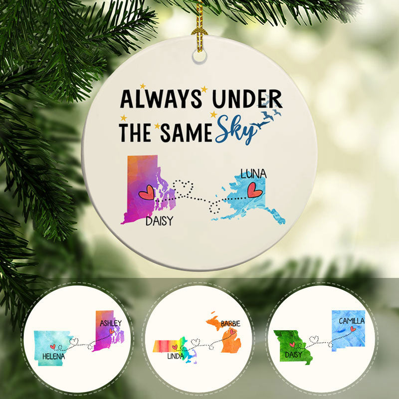 Always under the same sky, Personalized State Colors Circle Ornaments, Custom Long Distance Gift