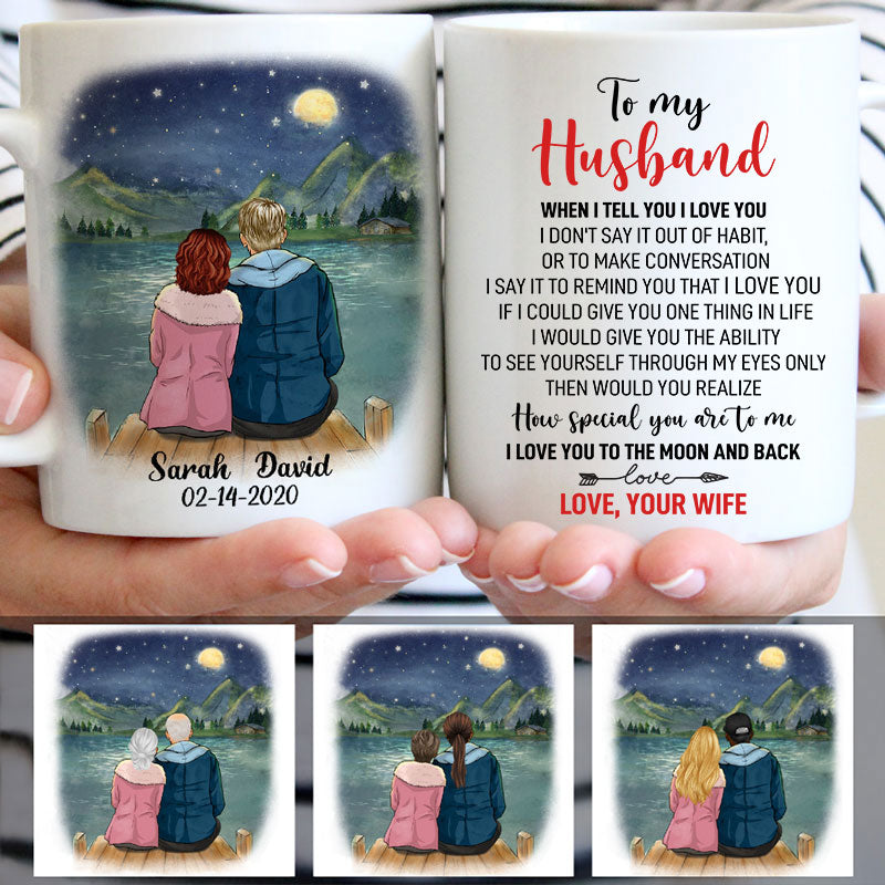 To my husband Love You to the Moon and Back , Night lake view, Anniversary gifts, Personalized gifts for him