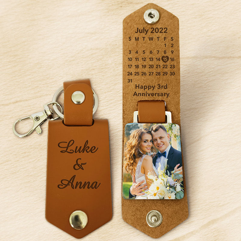 Save The Date Calendar, Personalized Leather Keychain, Anniversary Gift, Custom Photo