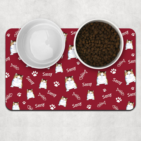 Cat Food Placemat in Turquoise, Vinyl Pet Mat, Hungry Cat