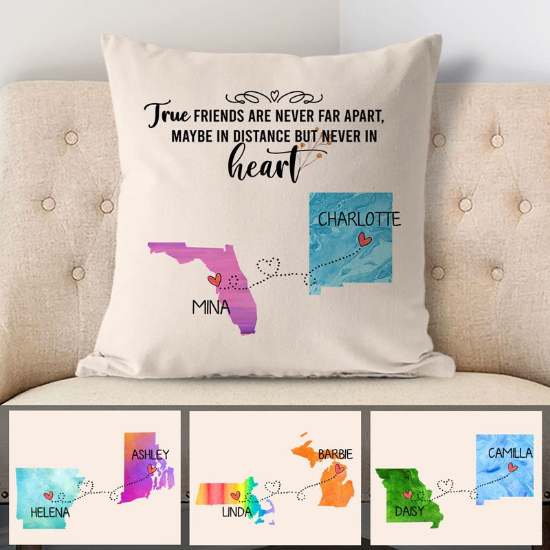 True Friends Long Distance, Personalized State Colors Pillow, Custom Best Friend Gift