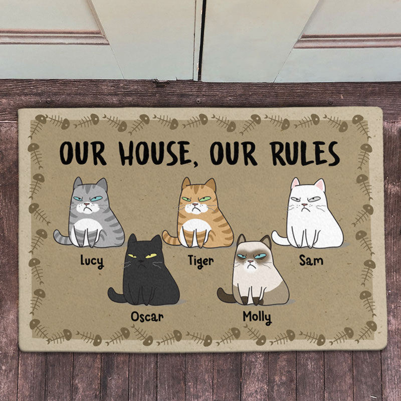 Our House Our Rules, Personalized Doormat, Custom Gift For Cat Lovers