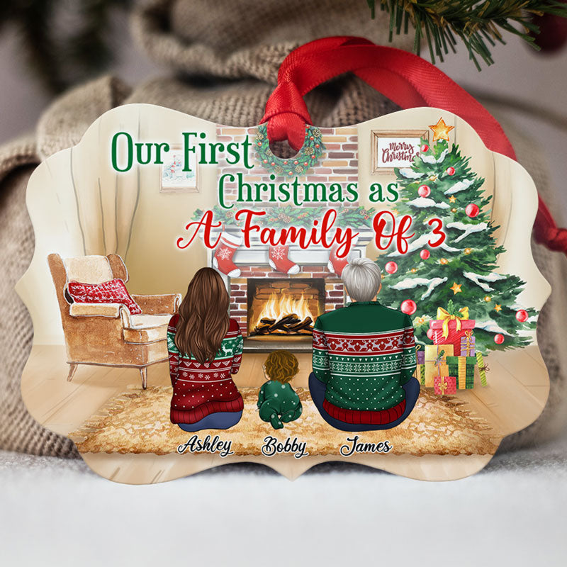 Family of 3 Opening Christmas Gifts by the Tree Personalized Christmas  Ornament