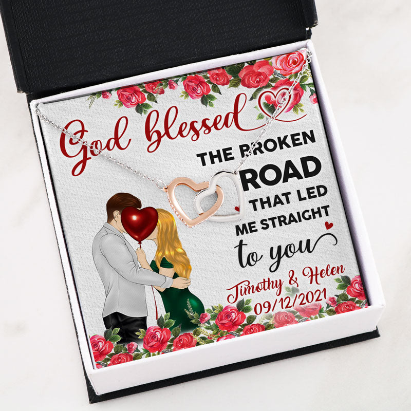 God Blessed The Broken Road, Personalized Interlocking Heart Luxury Necklace, Gift for Her, Valentine Gifts