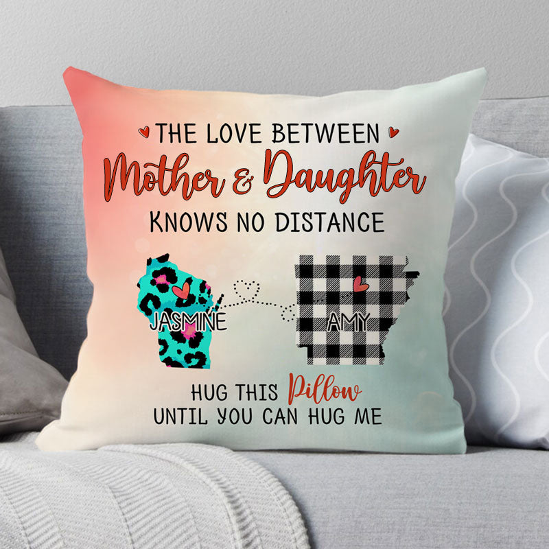 The Love Between Family Knows No Distance, Hug This Pillow, Personalized State Pillow, Custom Moving Gift