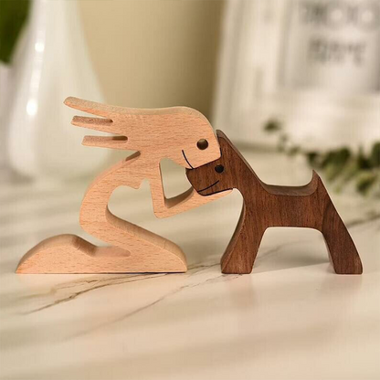 A Woman And Dog With Pointy Ears Wood Sculpture