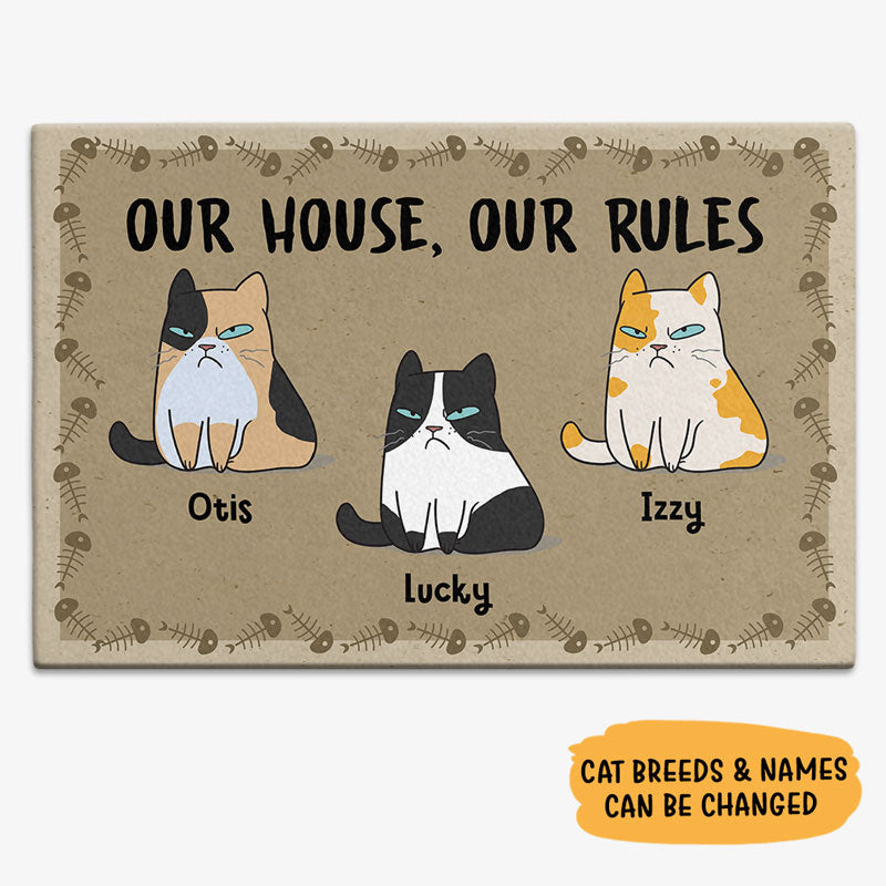 Our House Our Rules, Personalized Doormat, Custom Gift For Cat Lovers
