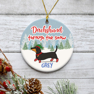 Dachshund Through The Snow, Personalized Circle Ornaments, Custom Christmas Gift for Dog Lovers