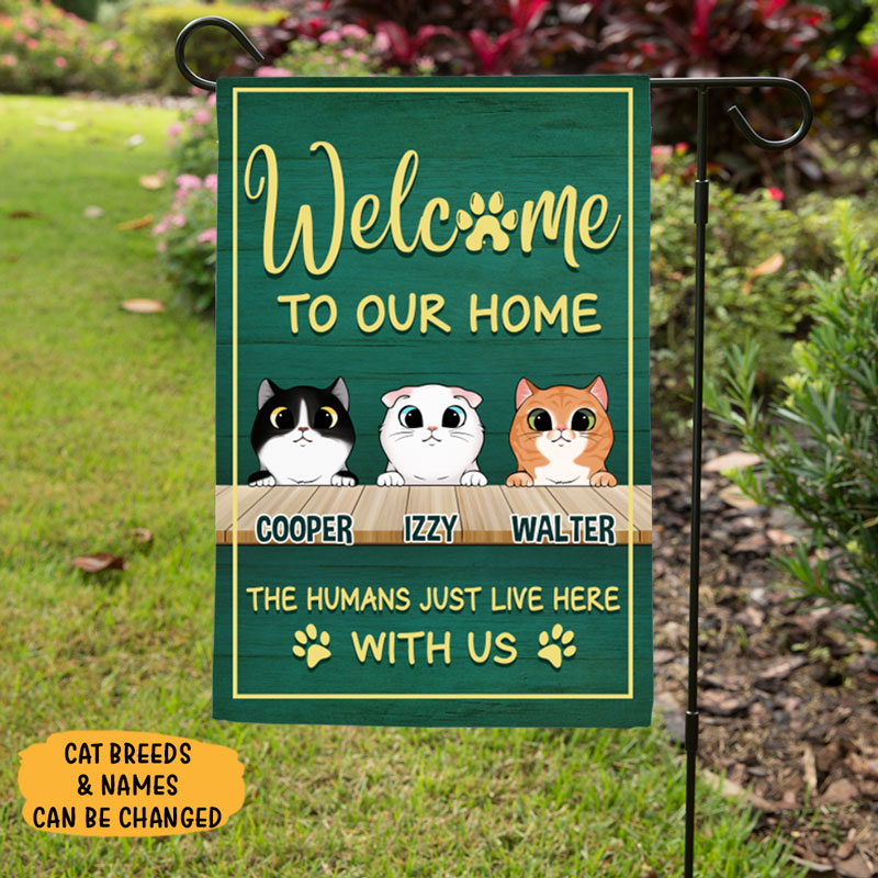 Welcome To Our Home, Green Background, Personalized Decorative Garden Flag, Gift For Cat Lovers