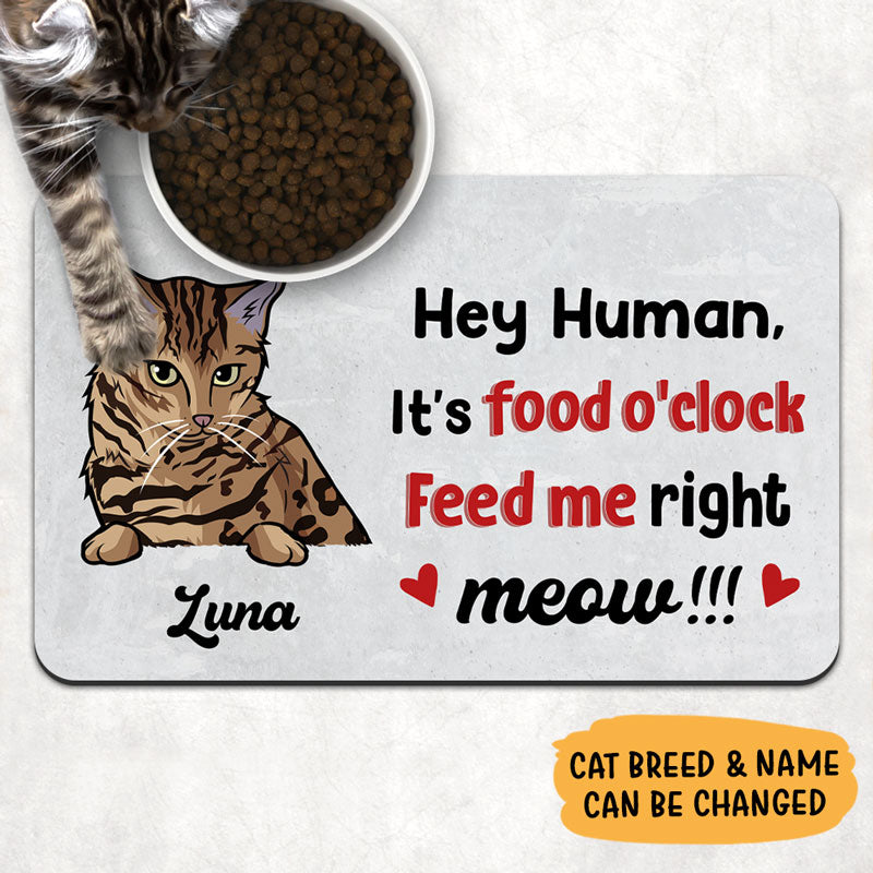 It's Food O'Clock Feed Me Right Meow, Personalized Pet Food Mat, Gifts For Cat Lovers