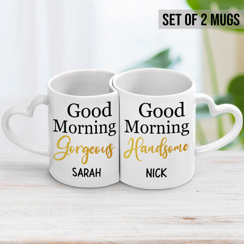 Good Morning Handsome, Good Morning Gorgeous, Personalized Heart Shaped Mug Set, Valentine's Day Gift Box