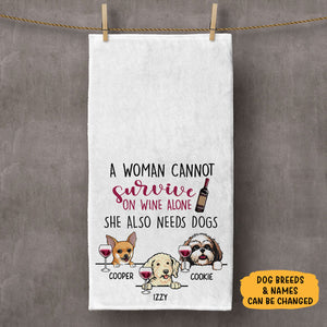 A woman cannot survive on wine alone, Personalized Towels, Custom Gift for Dog Lovers