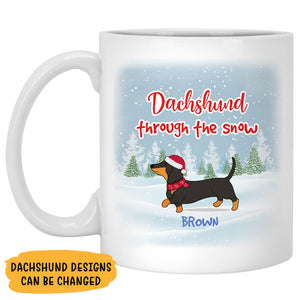 Dachshund through the snow, Personalized Coffee Mug, Custom Christmas Gift for Dog Lovers