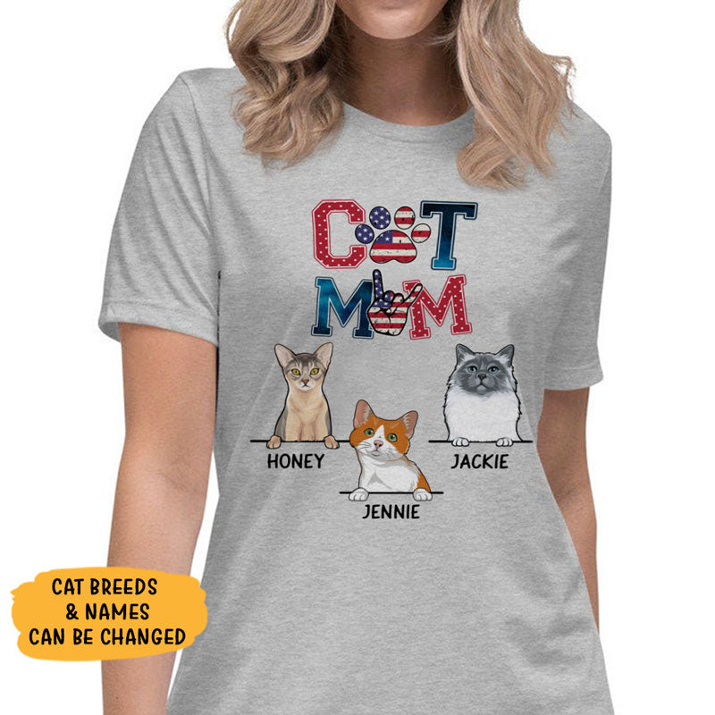 Cat Mom, American Flag Pattern, Custom Shirt, Personalized Gifts for Cat Moms