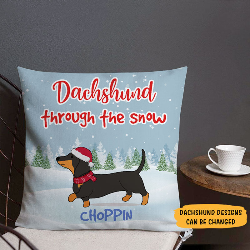 Dachshund Through The Snow, Personalized Pillows, Custom Christmas Gift for Dog Lovers