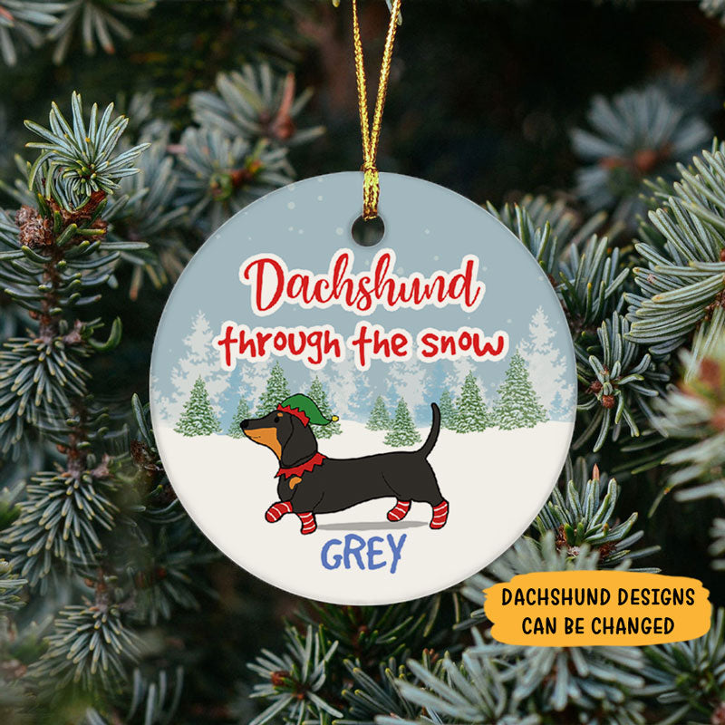 Dachshund Through The Snow, Personalized Circle Ornaments, Custom Christmas Gift for Dog Lovers