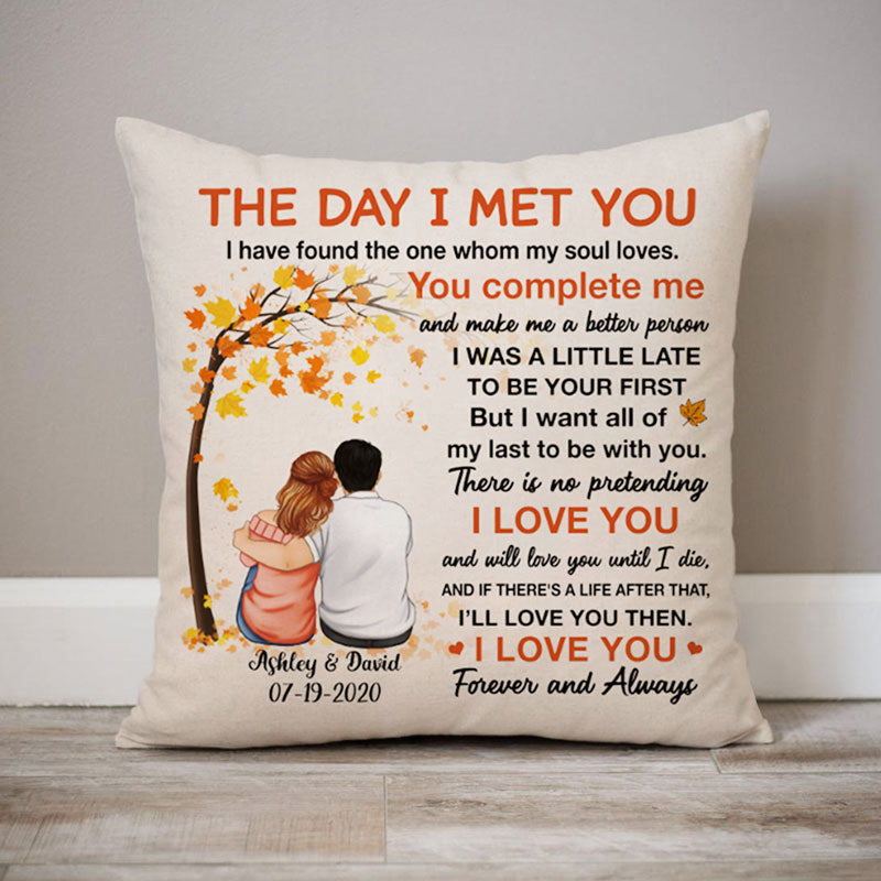 Personalized The Day I Met You Couple Pillow, Autumn Fall Tree, Anniversary Gifts