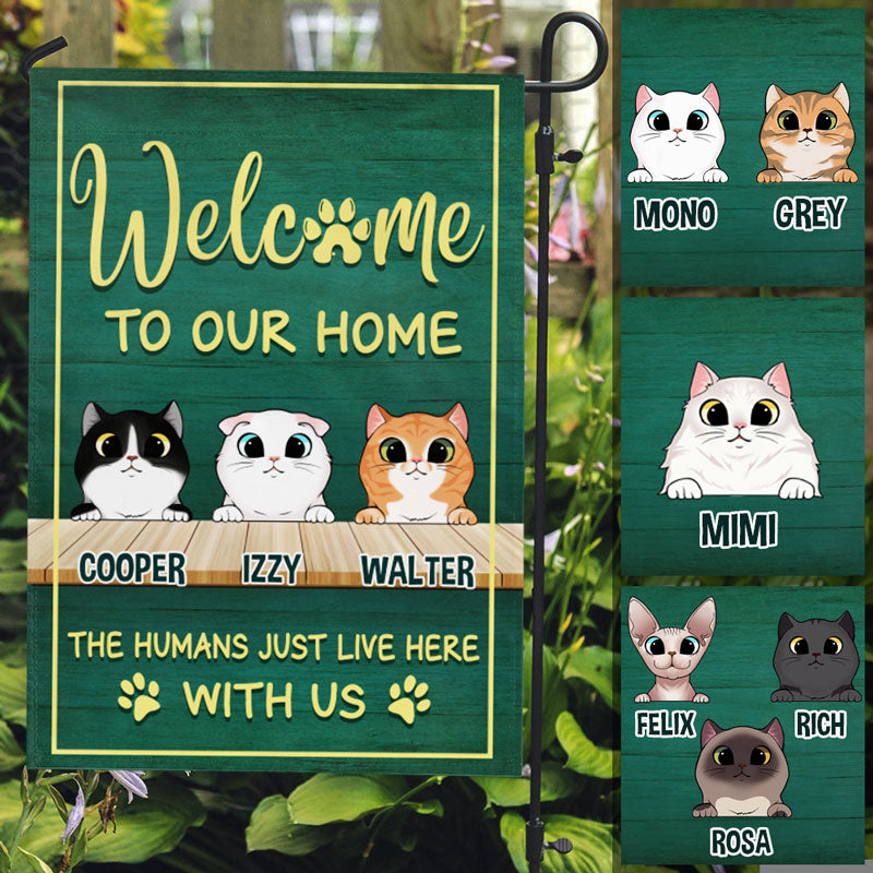 Welcome To Our Home, Green Background, Personalized Decorative Garden Flag, Gift For Cat Lovers