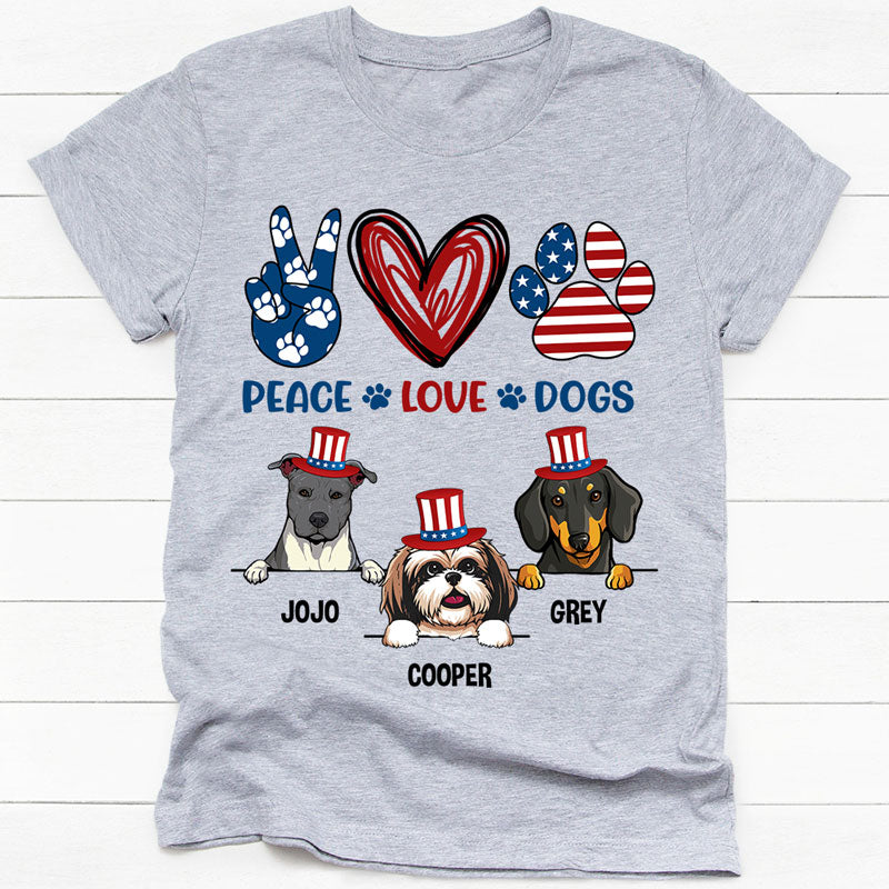 PersonalFury2 Personalized July 4th Shirt, Gift for Dog Lovers - Peace Love Dogs, 4th of July, Custom Shirt, PersonalFury, Basic Tee / Sport Grey / L